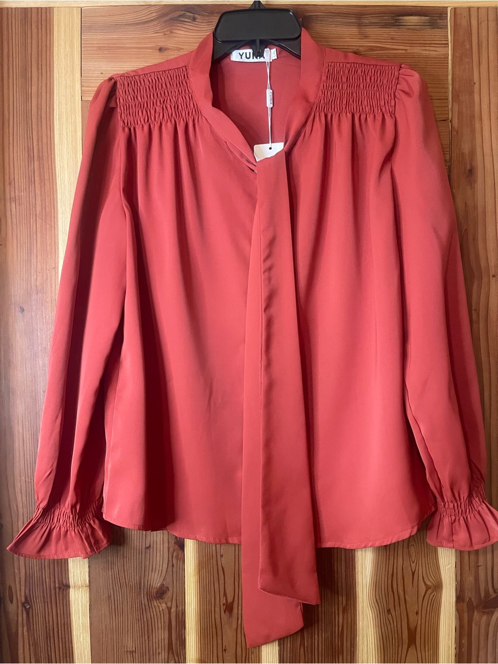 Yuna Rust Tie-Neck Long Sleeve Blouse